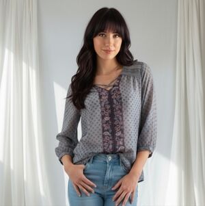 Maurices Boho Floral Embroidered V-Neck Blouse,Airy Gray & Mauve,Size L